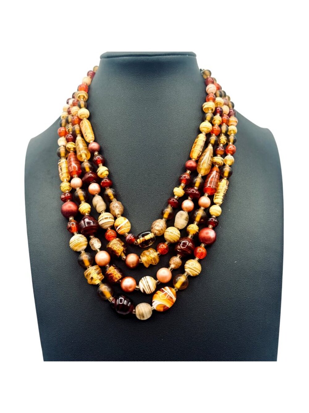 Vintage Multi-Strand Glass Bead Bib Necklace Handmade Lampwork Fall Colors